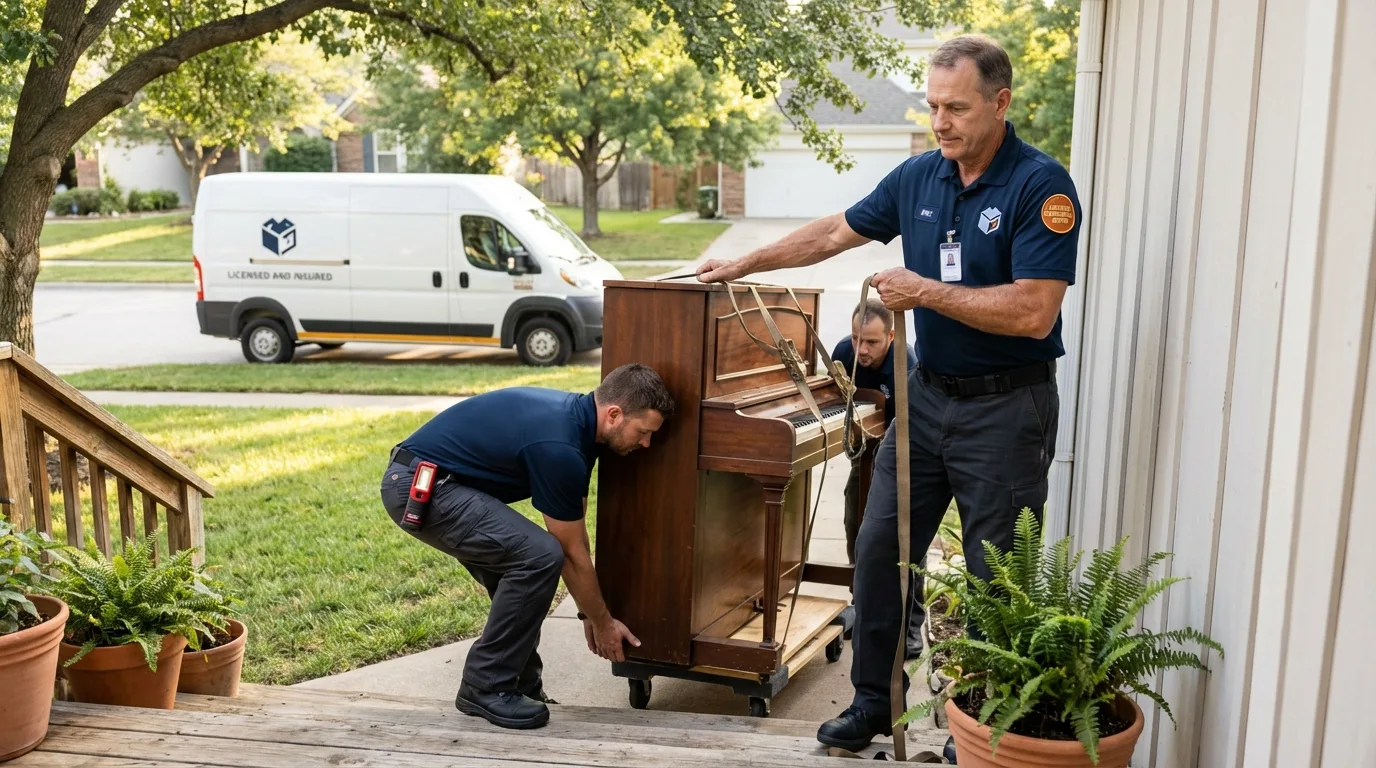 Licensed piano movers securing grand piano in Angels Camp, CA