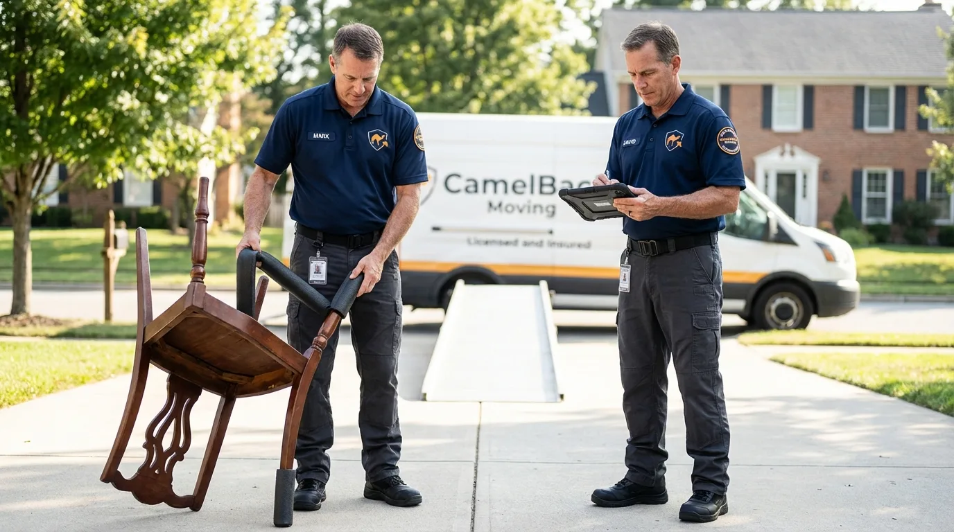 Movers inspecting furniture for damage prevention before loading in Angels Camp, CA