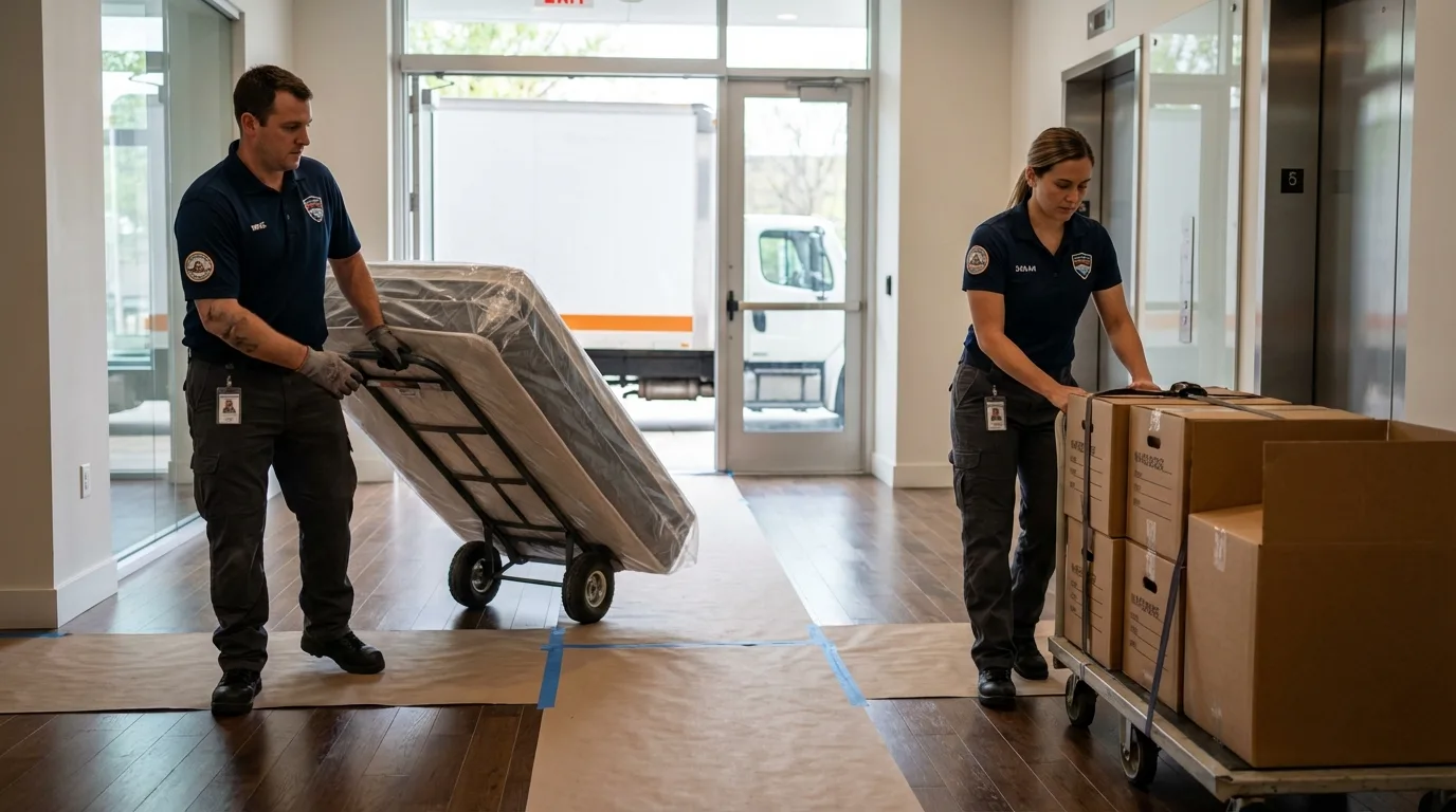 Professional apartment movers loading elevator in Angels Camp, CA