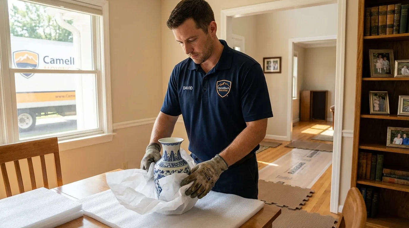 Professional crew carefully wrapping antique vase for senior downsizing move in Angels Camp, CA